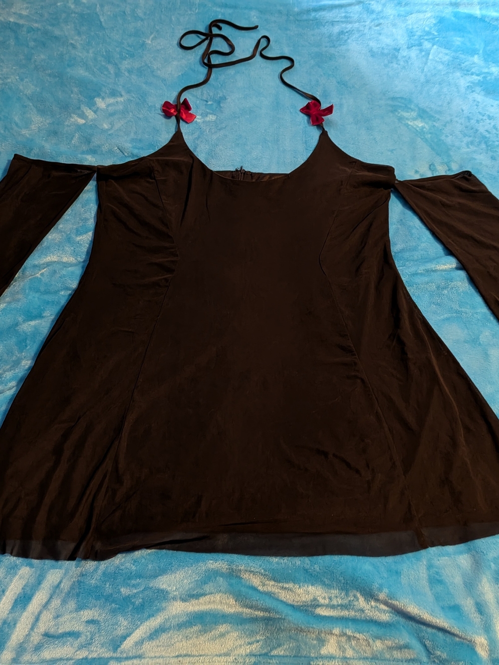 Finesse Black Off-Shoulder Mesh Dress, Red Bow Accents, Sheer Mesh Mini Dress
